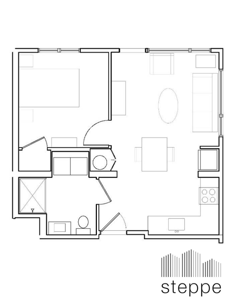 Floor plan for 1 bed, 1 bath, 540 sqft